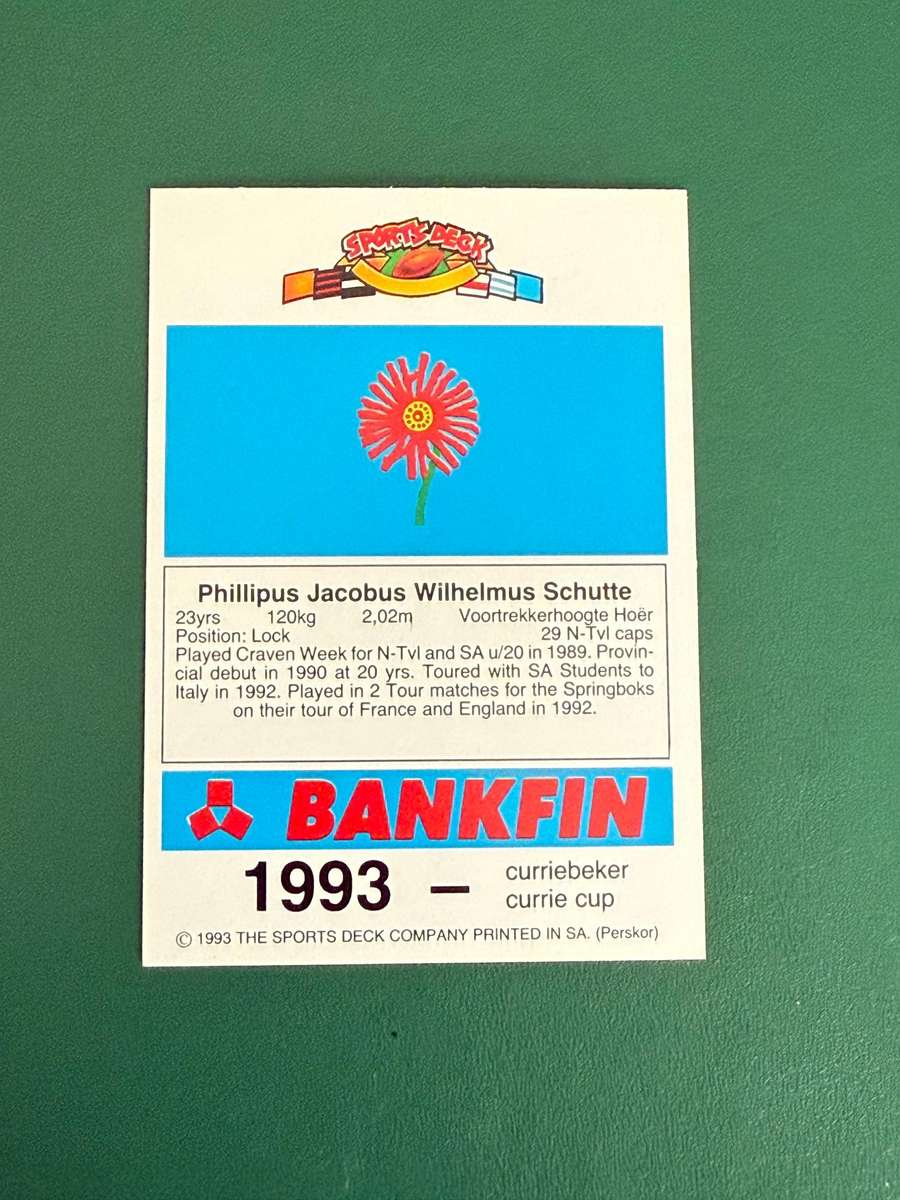 Rugby Card - Philip Schutte 1993 Sports Deck Rugby Card