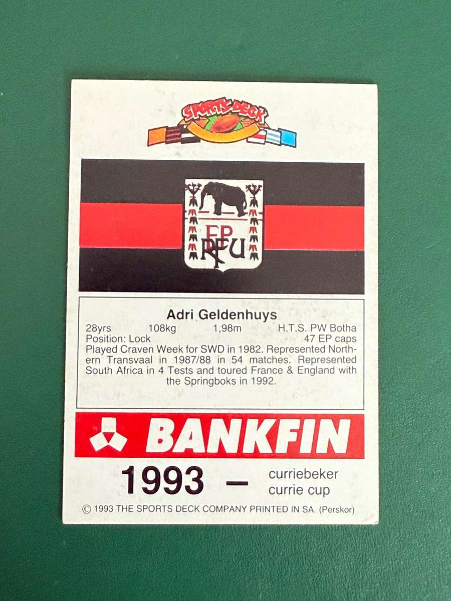 Rugby Card - Adri Geldenhuys 1993 Sports Deck Rugby Card