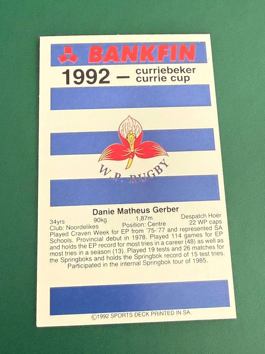 Rugby Card - *SIGNED* Danie Gerber 1992 Sports Deck Rugby Card