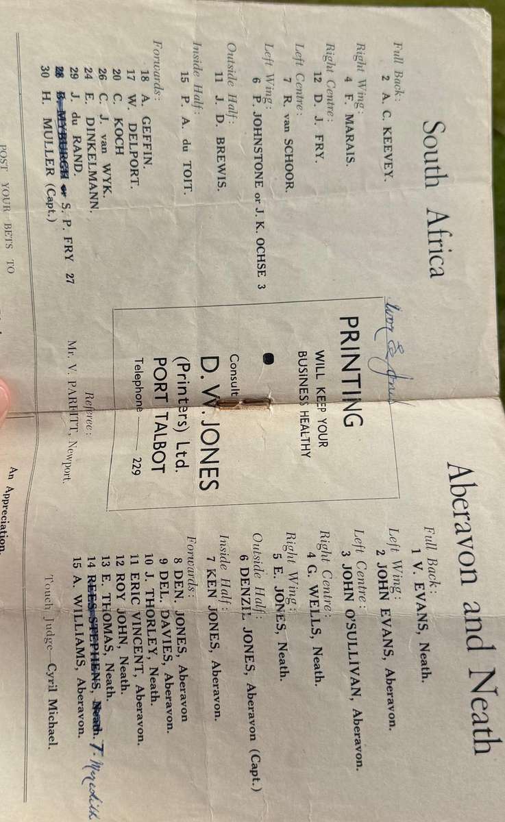 Rugby Programme - South-Africa vs Aberavon & Neath 17/11/1951