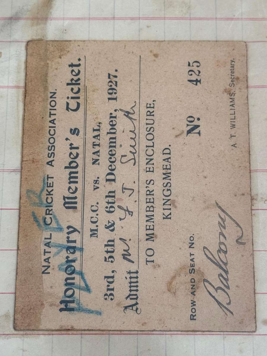 Cricket Ticket - *TOUR Match* England vs Natal 3/5 and 6 December 1927