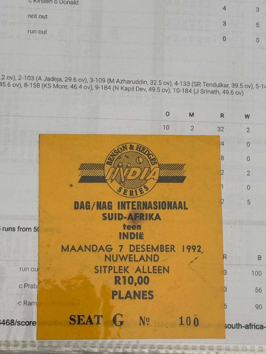 Cricket Ticket -  South-Africa vs India 7/12/1992