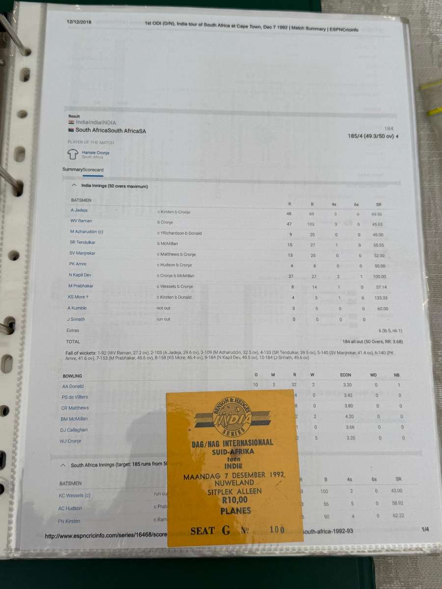 Cricket Ticket -  South-Africa vs India 7/12/1992