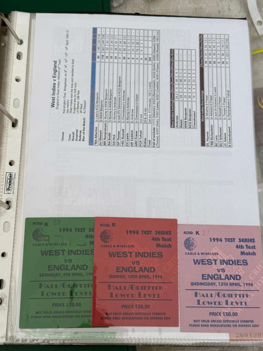 Cricket Ticket - West-Indies vs England 8-13 April 1994 (Bridgetown)