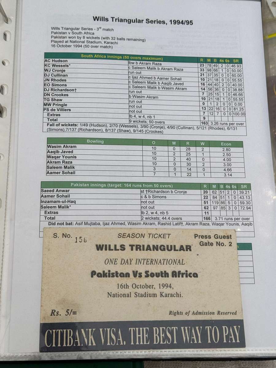 Cricket Ticket - Pakistan vs South-Africa 16/10/1994 (Wills Triangular Series - Karachi)
