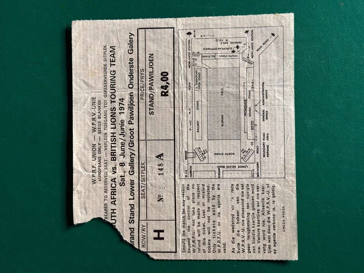 Rugby Ticket - South-Africa vs British Lions 8/06/1974
