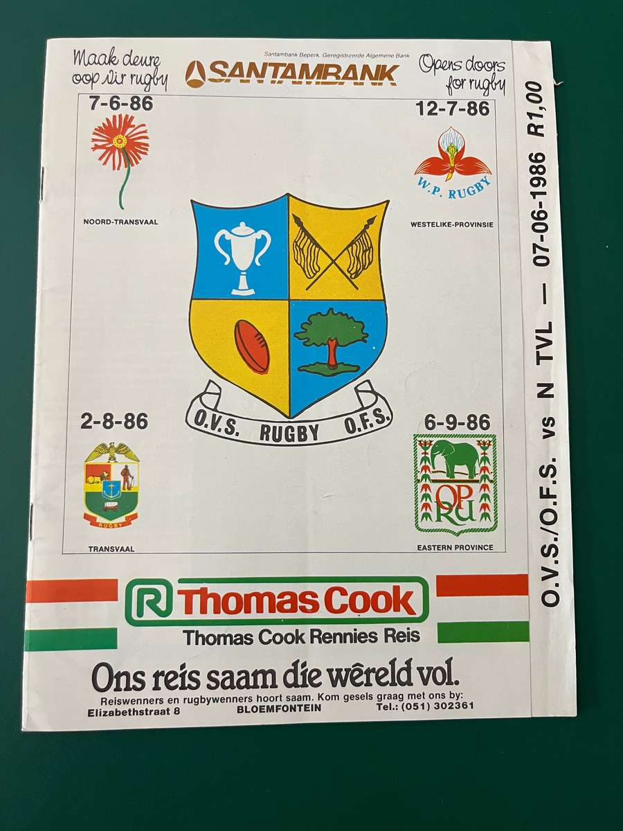 Rugby Programme - Free State vs Northern-Transvaal 07/06/1986