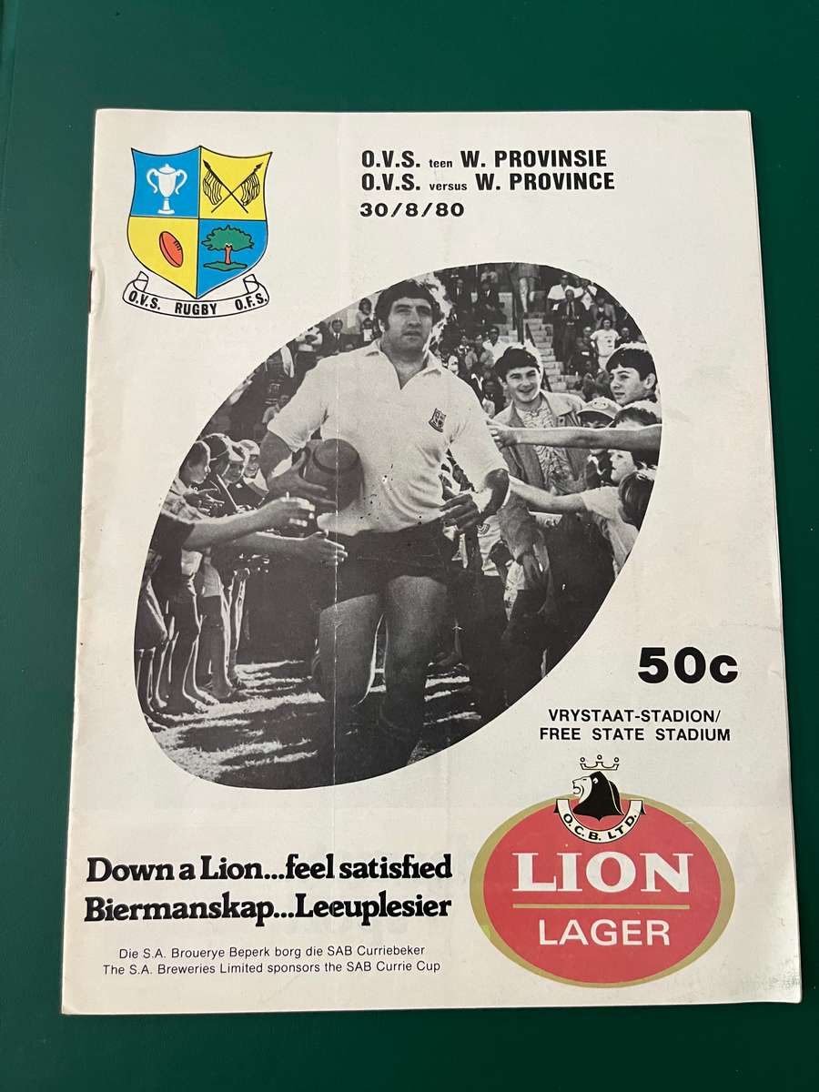Rugby Programme - Free State vs Western-Province 30/08/1980