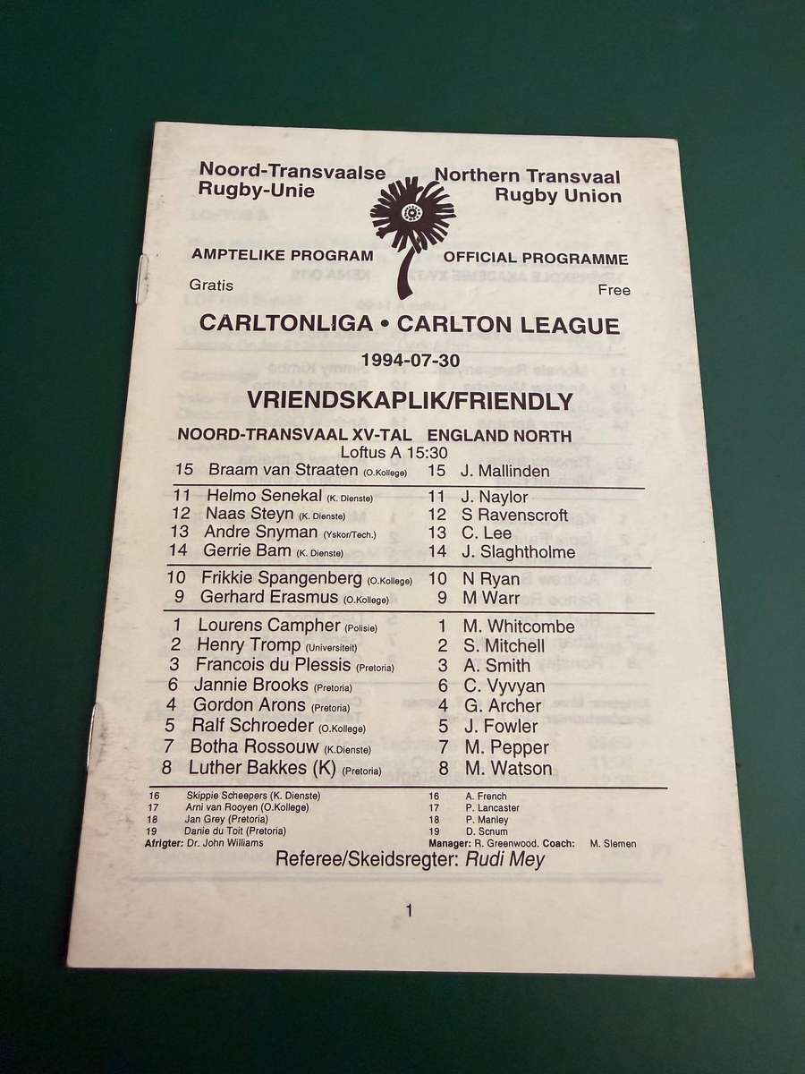 Rugby Programme - Noord-Transvaal XV vs England North 30/07/1994