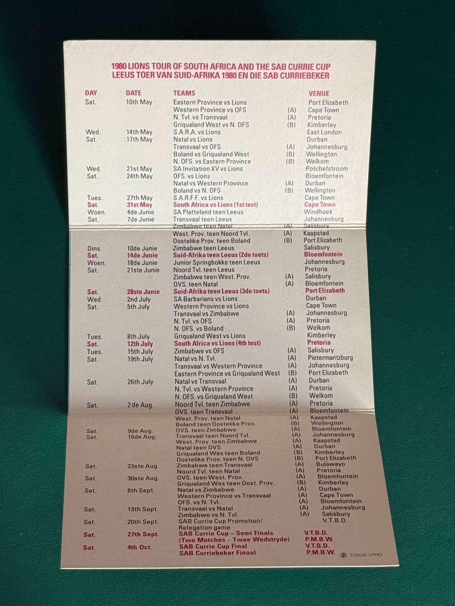 Rugby Itinerary - 1980 British Lions Tour and SA Currie Cup Fixtures issued by Lion Lager