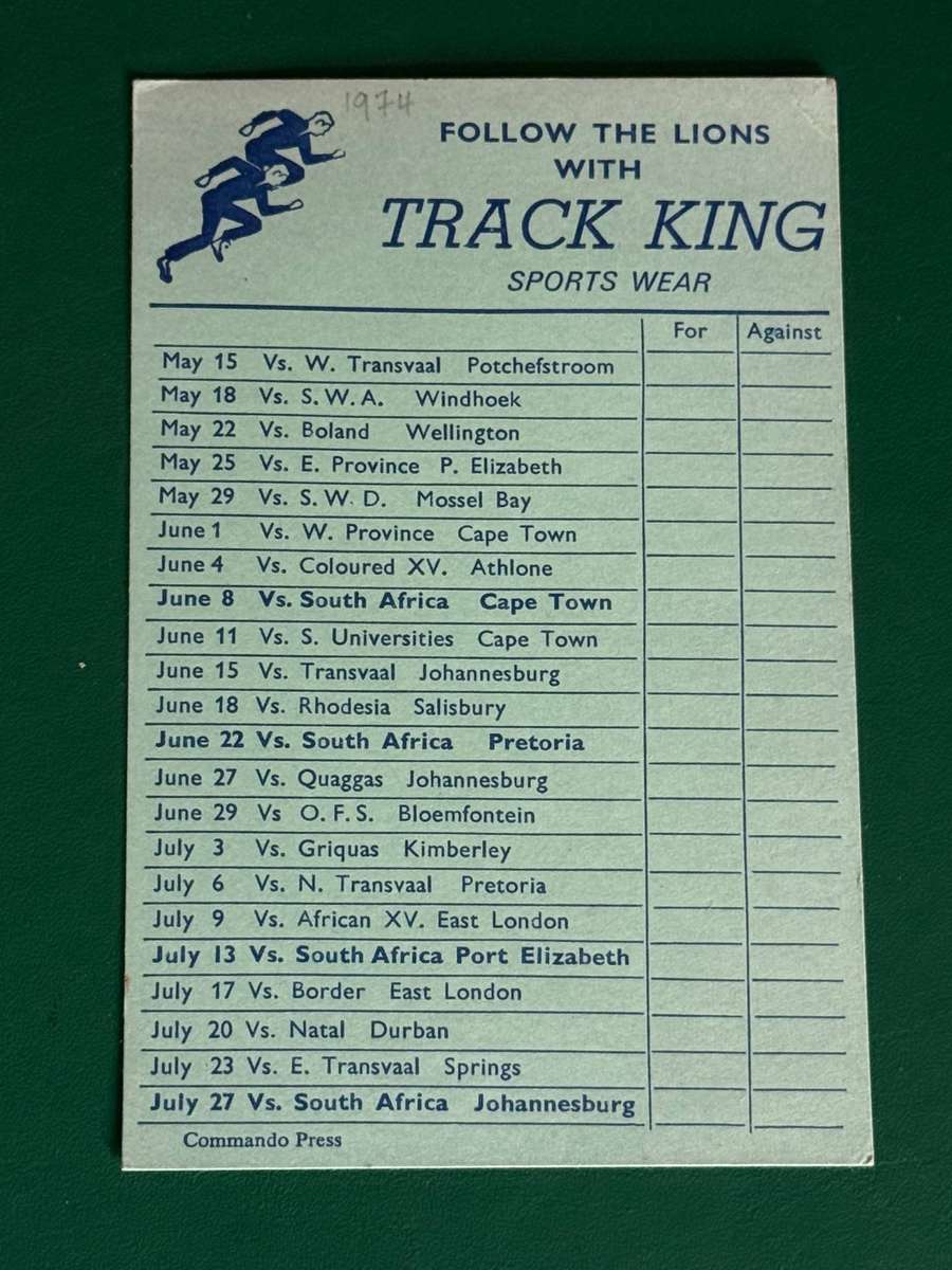 Rugby Itinerary - 1974 British Lions Tour of South-Africa issued by Track King