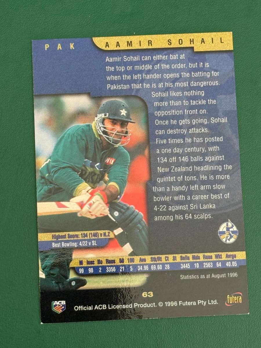 Cricket Card - *SIGNED* Aamir Sohail (Nr63) 1996 Futera Cricket Card