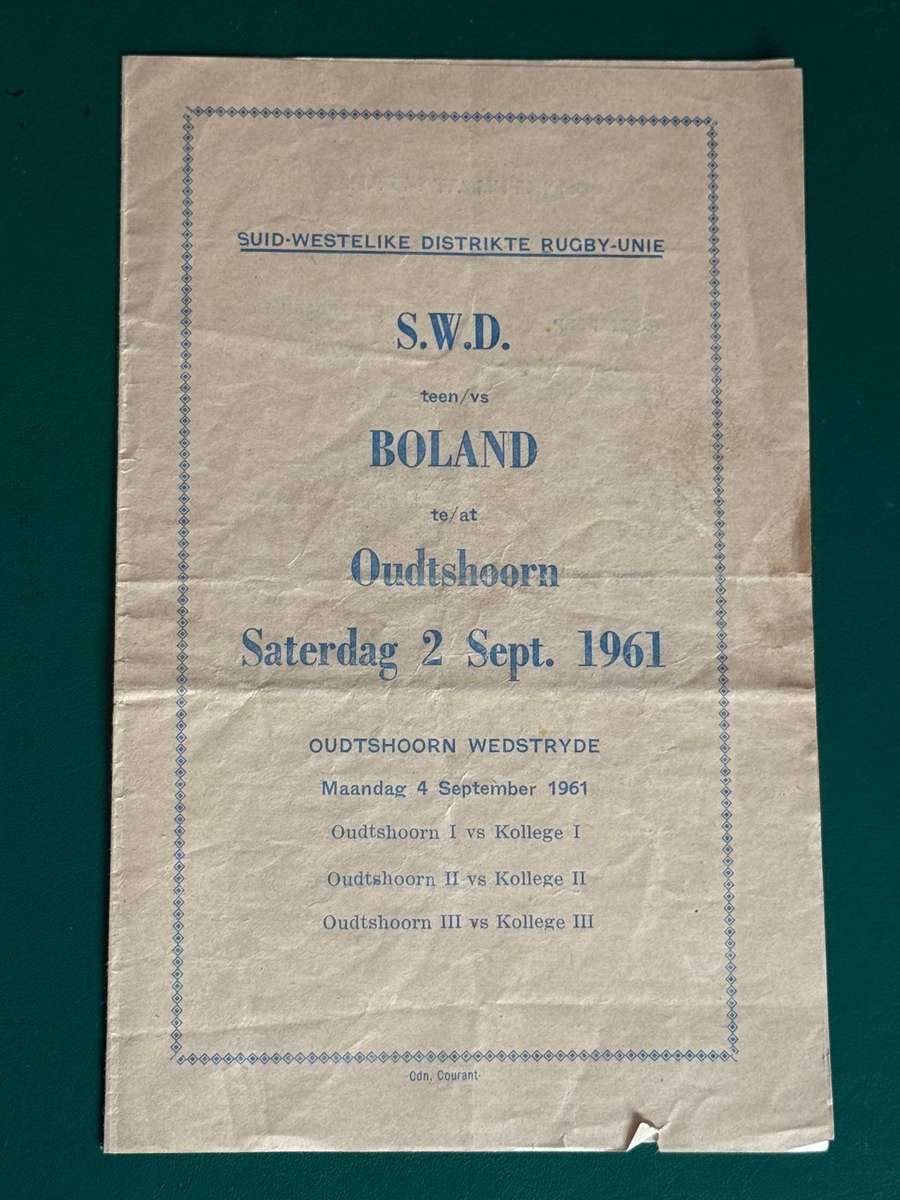 Rugby Programme - South Western Districts vs Boland 02/09/1961