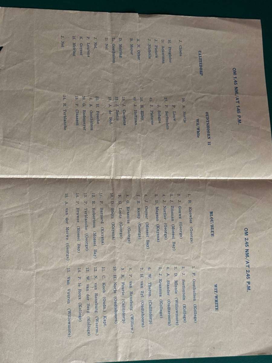 Rugby Programme - South Western Districts vs Boland 02/09/1961