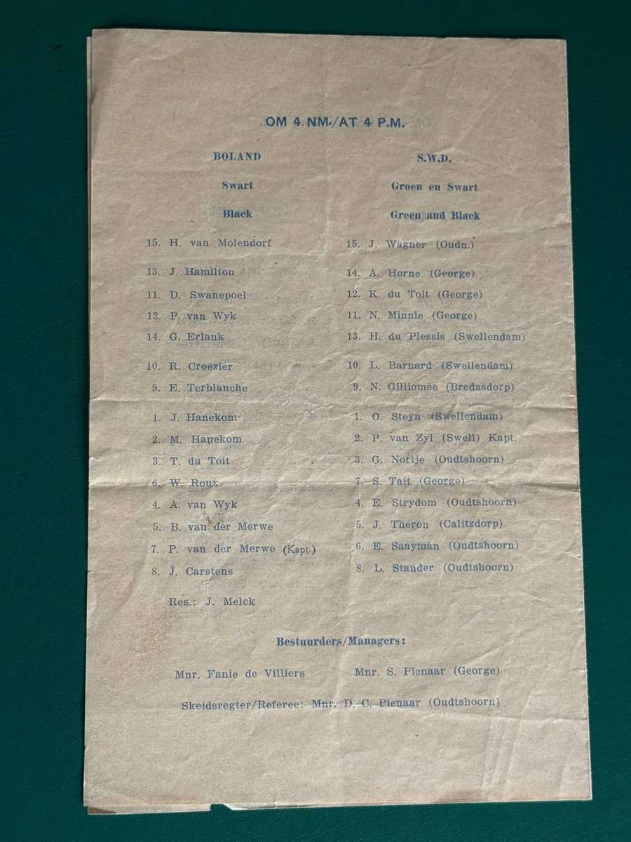 Rugby Programme - South Western Districts vs Boland 02/09/1961