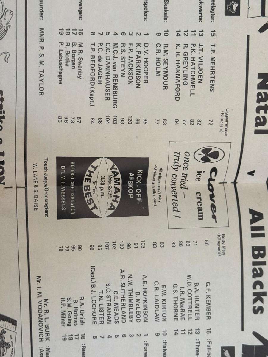 Rugby Programme - *SIGNED by 28* *TOUR* Natal vs New-Zealand All Blacks 22/08/1970