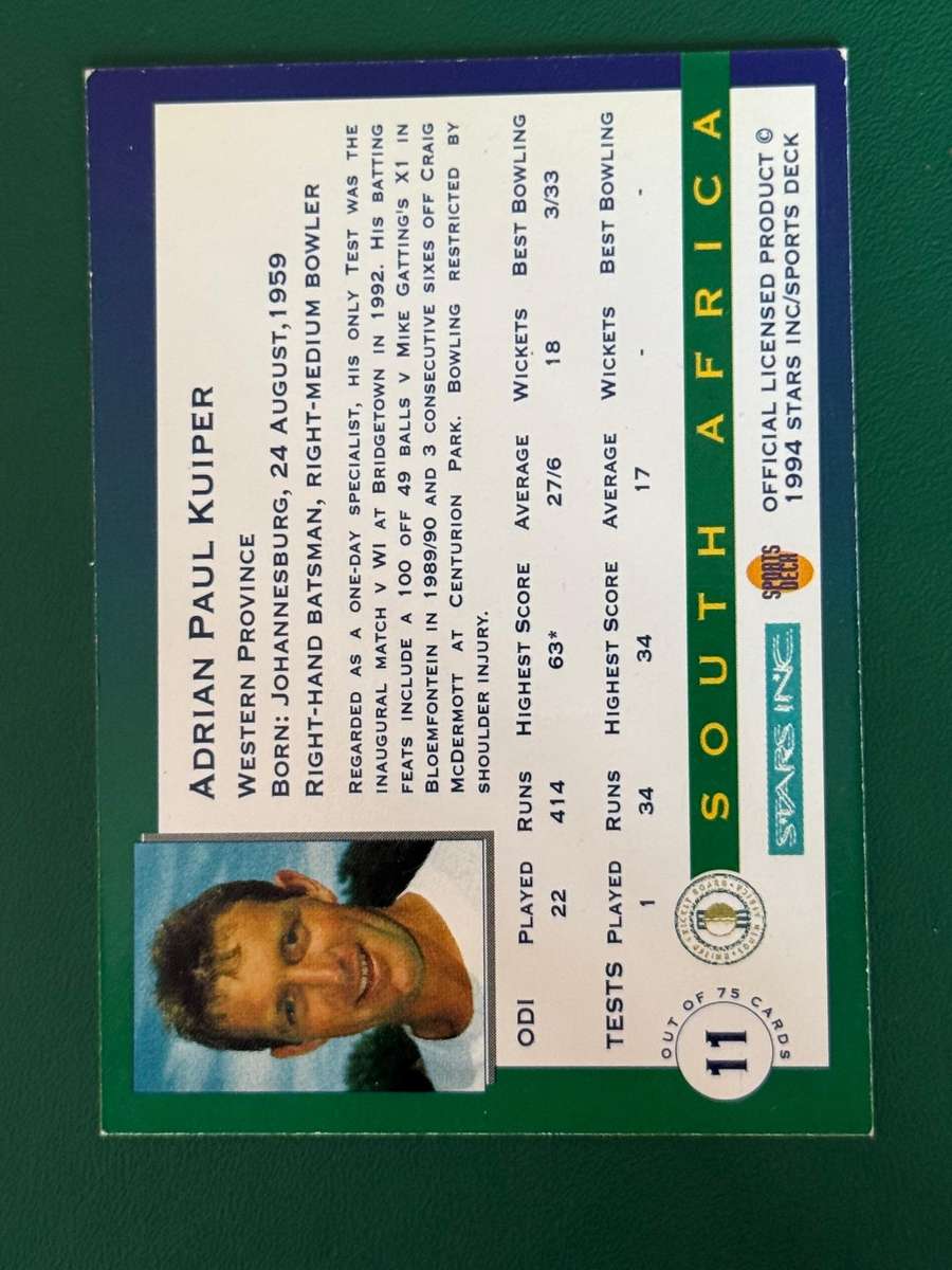 Cricket Card - Adrian Kuiper 1994 Sports Deck Cricket Card