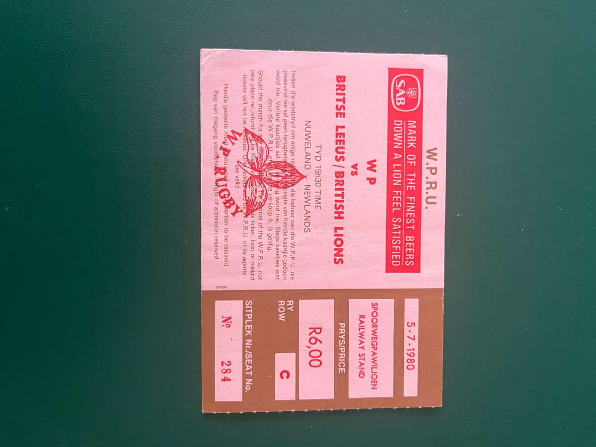 Rugby Ticket - Western Province vs British Lions 05/07/1980