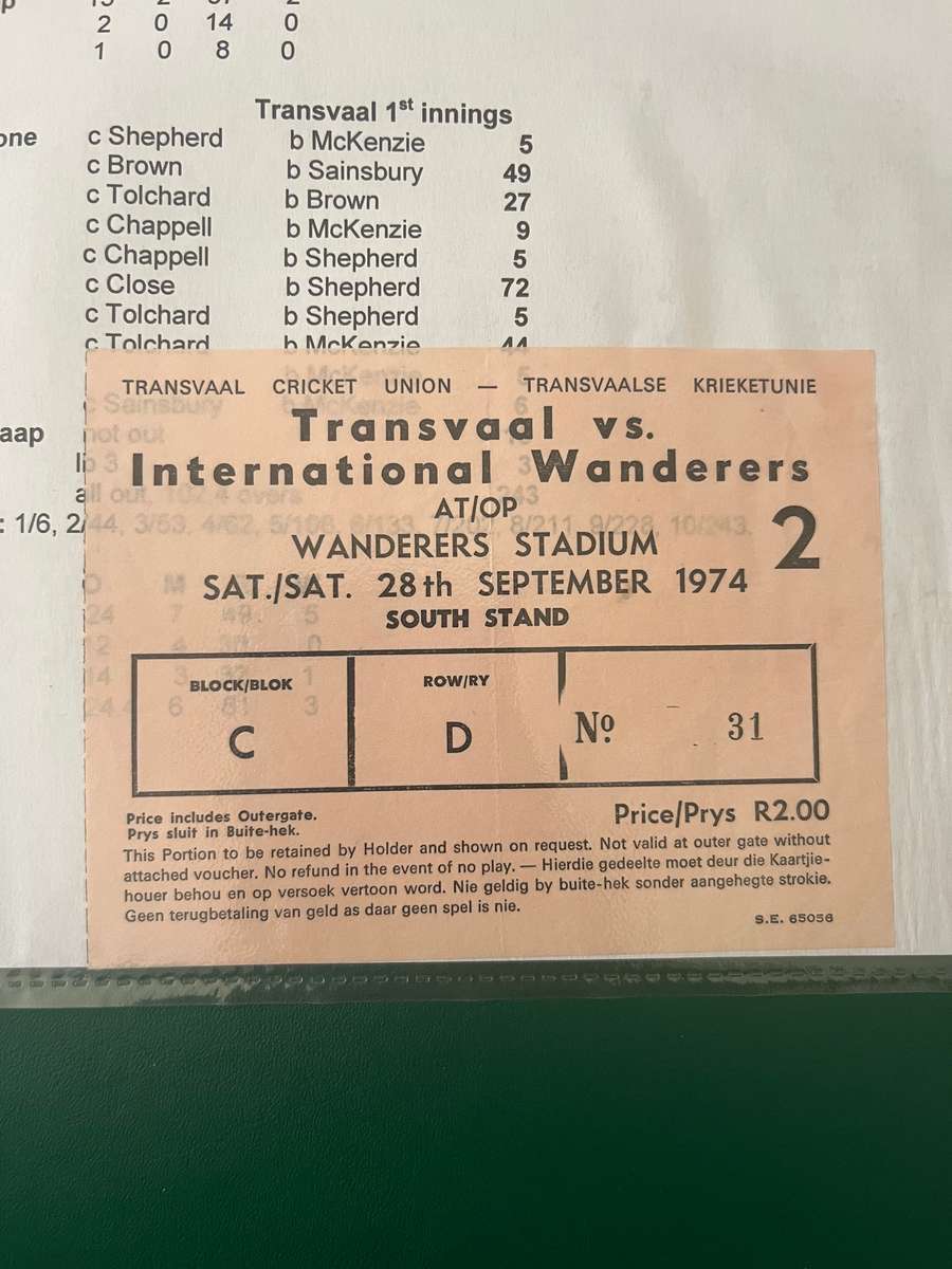 Cricket Ticket - Transvaal vs International Wanderers 28/09/1974