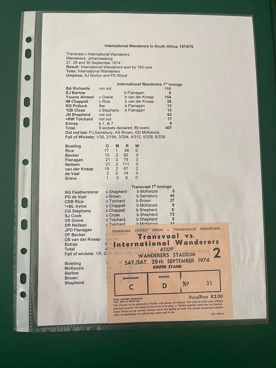 Cricket Ticket - Transvaal vs International Wanderers 28/09/1974