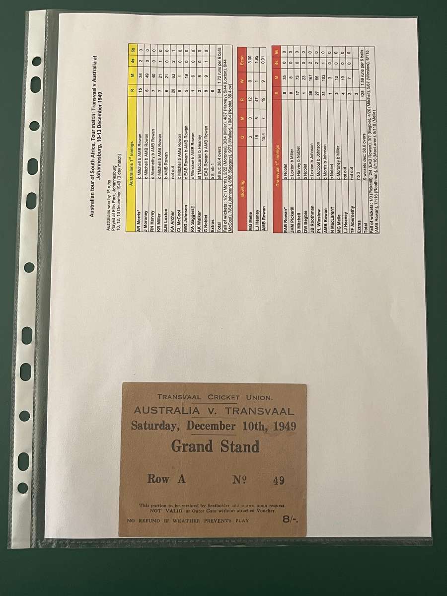 Cricket Ticket - Transvaal vs Australia 10-13 December 1949