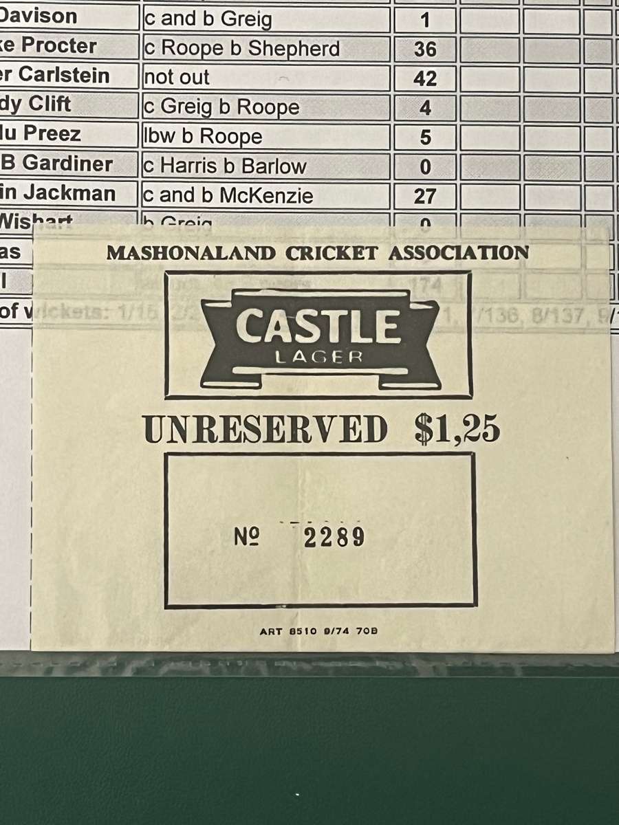 Cricket Ticket - Rhodesia vs International Wanderers 22/09/1974