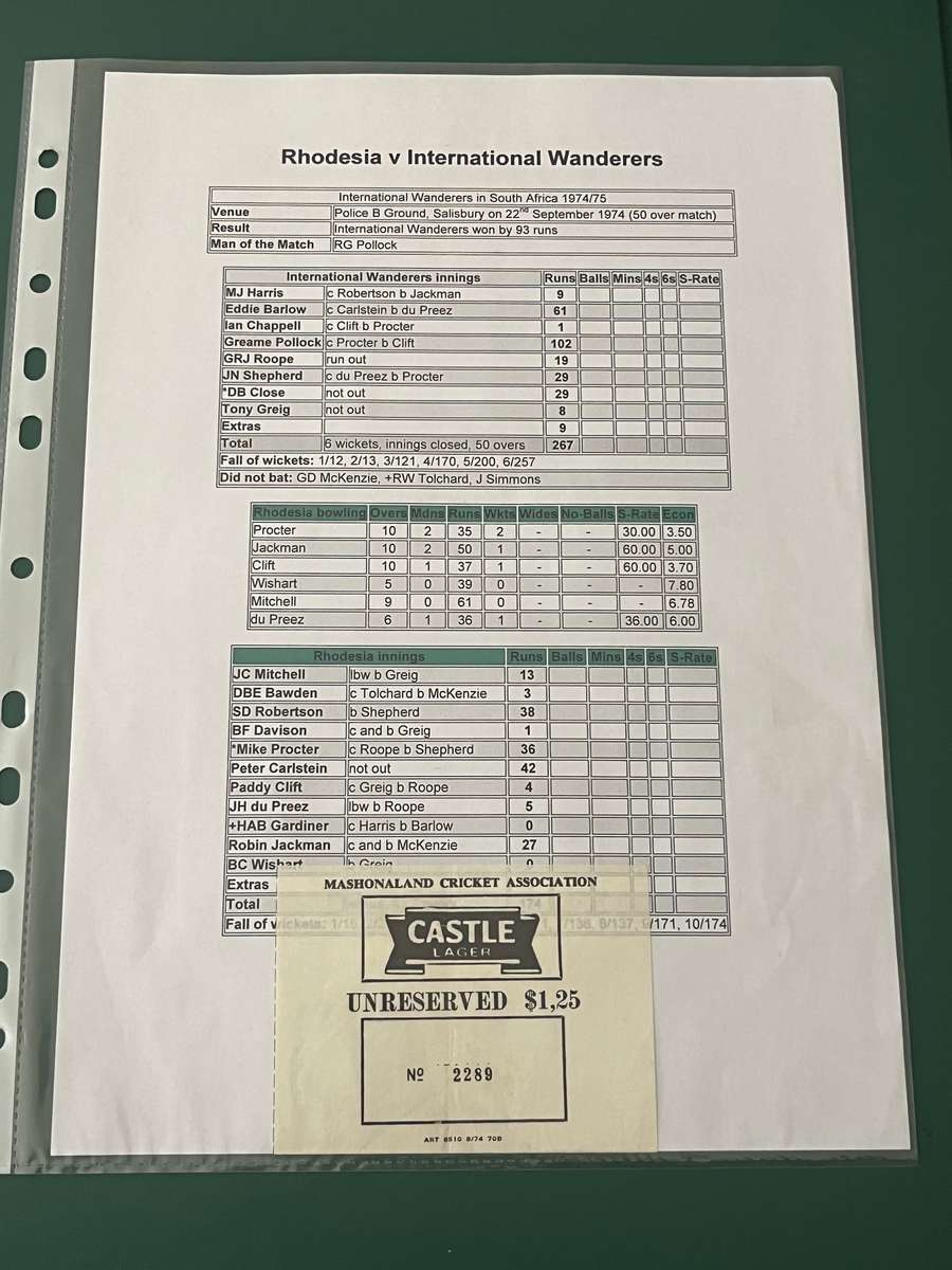 Cricket Ticket - Rhodesia vs International Wanderers 22/09/1974