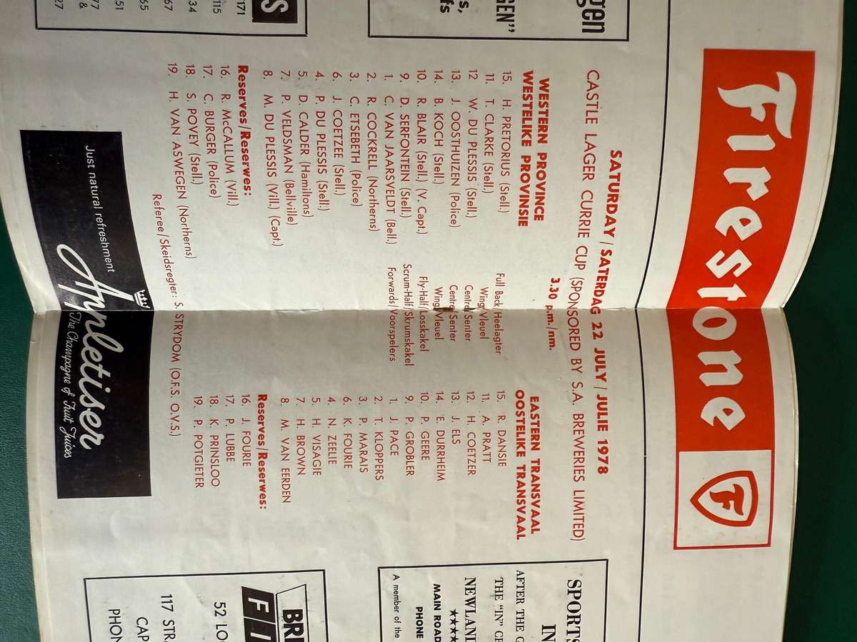 SA Rugby Annual 1978/Rugby Programme - Western-Province vs Eastern-Transvaal 22/07/1978