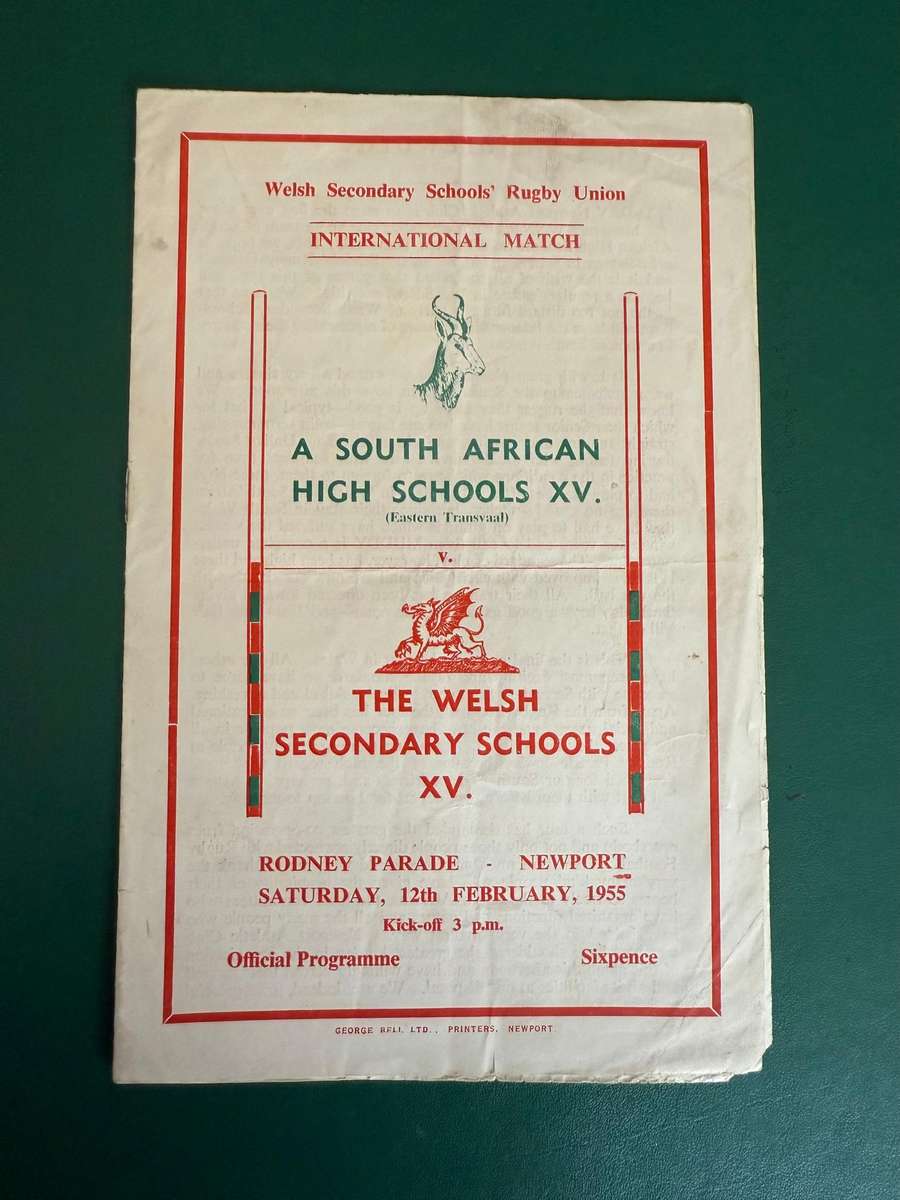 Rugby Programme - South-African High Schools XV vs Welsh Secondary Schools XV 12/02/1955