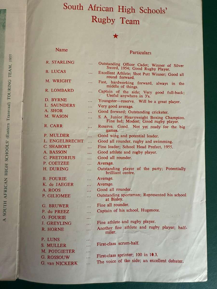Rugby Programme - South-African High Schools XV vs Welsh Secondary Schools XV 12/02/1955