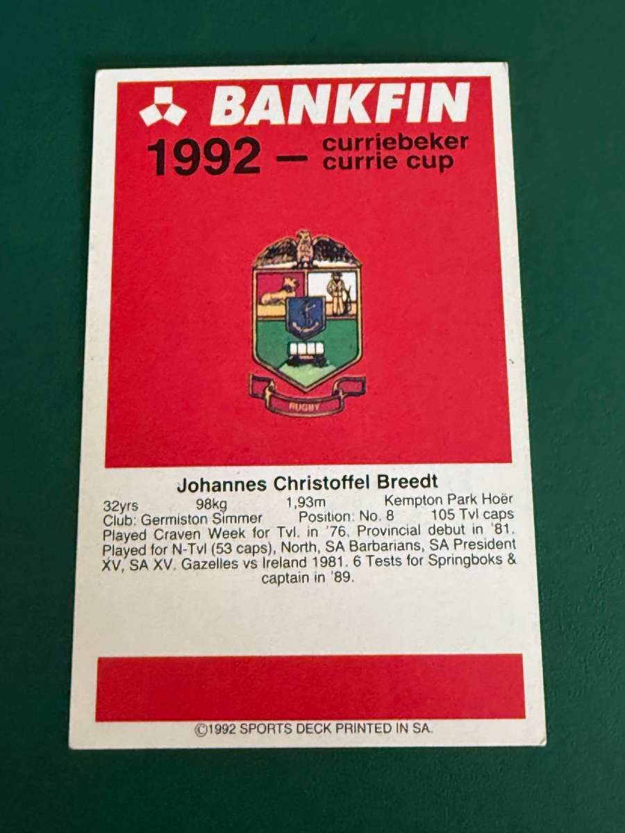 Rugby Card - *SIGNED* Jannie Breedt 1992 Sports Deck Rugby Card
