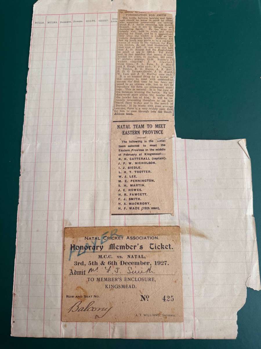 Cricket Ticket/Scorecard - Natal vs England 3/5/6 December 1927