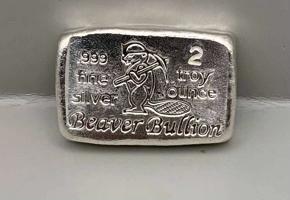 (   TWO OUNCE   )      CASTED    PURE SOLID SILVER   ' BEAVER BAR '