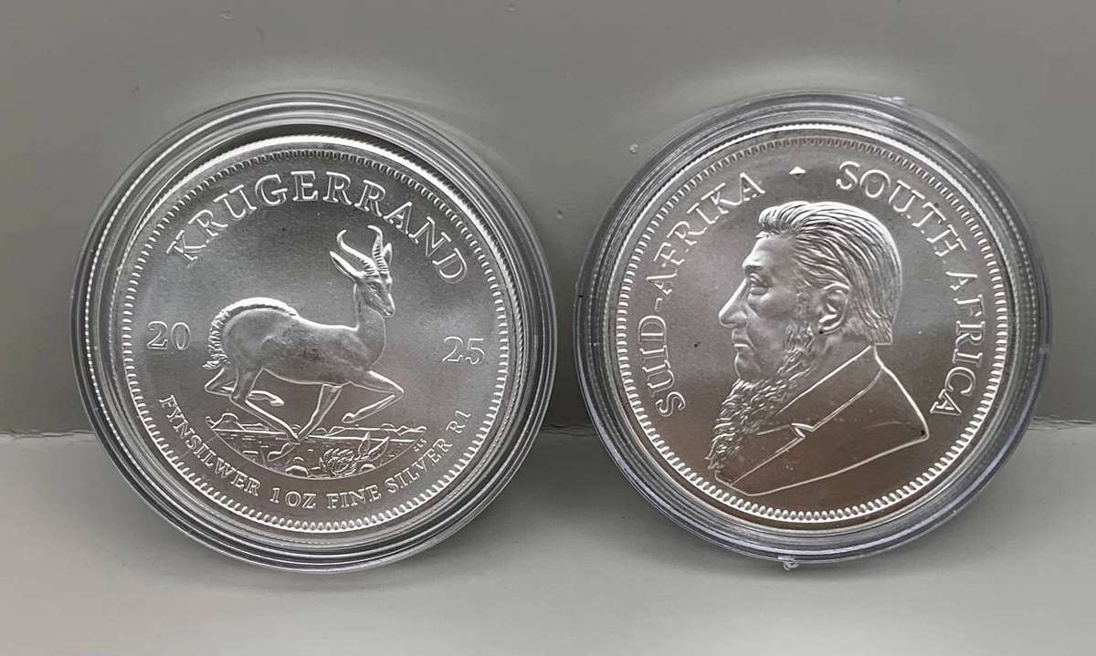 (  LATEST 2025      UNC. KRUGERRAND  1oz      PURE SOLID SILVER     IN A  CAPSULE