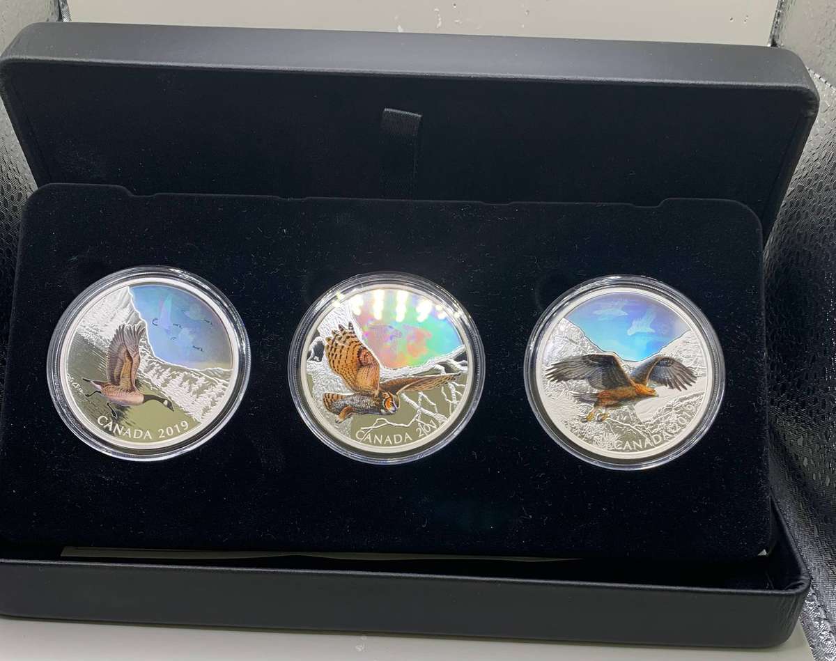 ( 2019  MAJESTIC BIRDS IN MOTION  )    3 X 2oz     HOLOGRAM , COLORIZED , ENGRAVED PROOF  SILVER SET