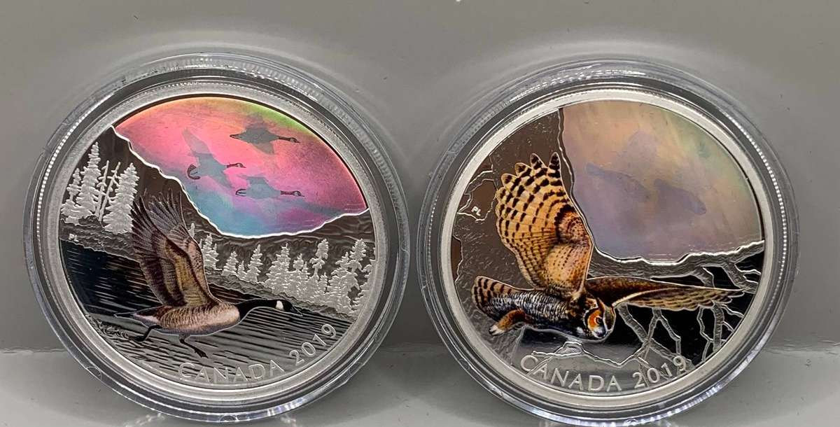 ( 2019  MAJESTIC BIRDS IN MOTION  )    3 X 2oz     HOLOGRAM , COLORIZED , ENGRAVED PROOF  SILVER SET
