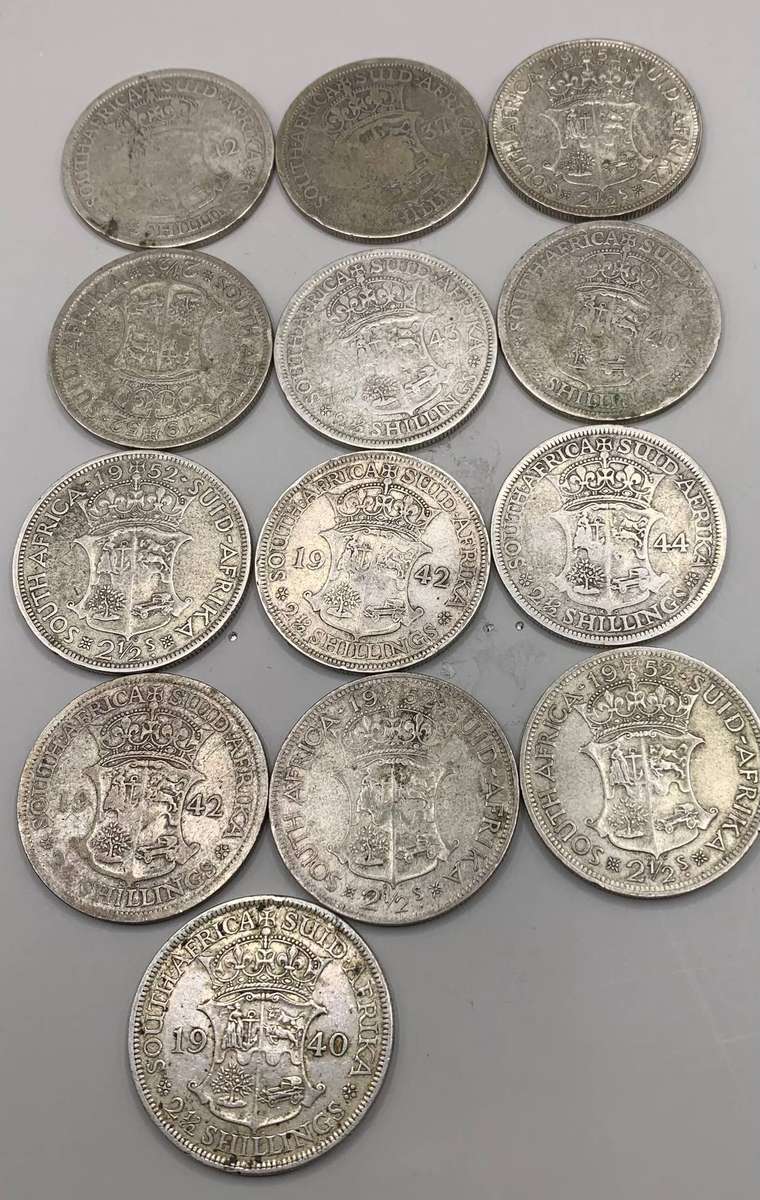 (  QUITE A BIT OF SILVER  )  13 X UNION OF SA SILVER HALF CROWNS  1937 TO 1952       ONE BID FOR ALL