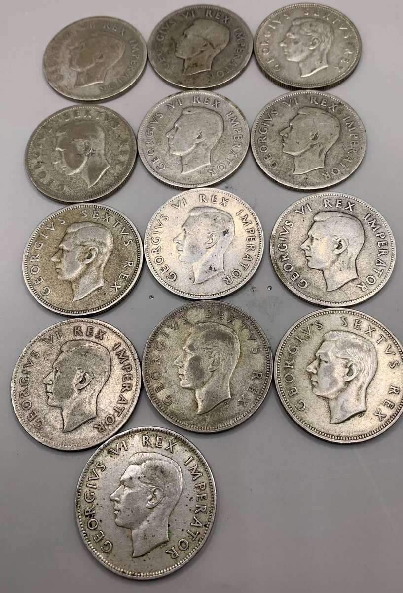 (  QUITE A BIT OF SILVER  )  13 X UNION OF SA SILVER HALF CROWNS  1937 TO 1952       ONE BID FOR ALL