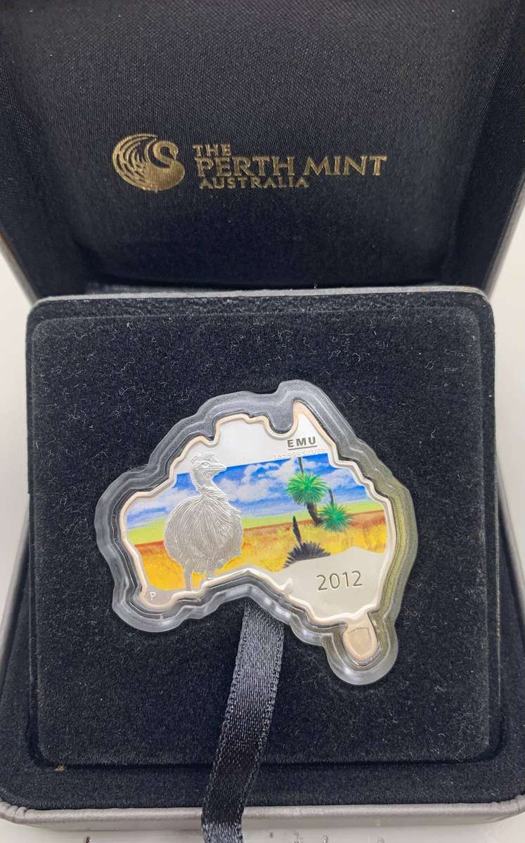 (  MAP SHAPED COIN  )   2012   AUSTRALIA    COLORISED PROOF SILVER   WILDLIFE   THE EMU  CERTIFIED