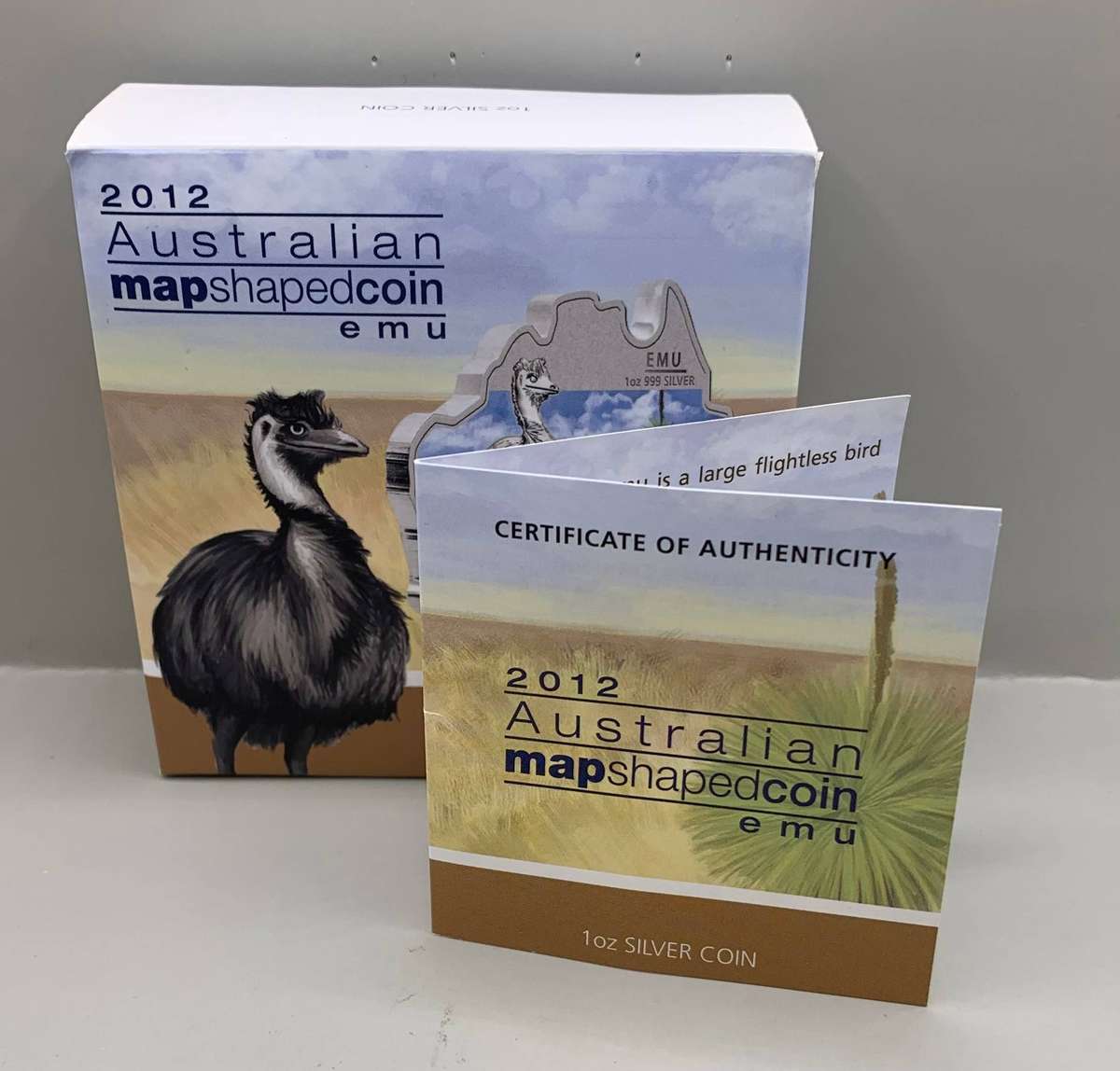 (  MAP SHAPED COIN  )   2012   AUSTRALIA    COLORISED PROOF SILVER   WILDLIFE   THE EMU  CERTIFIED