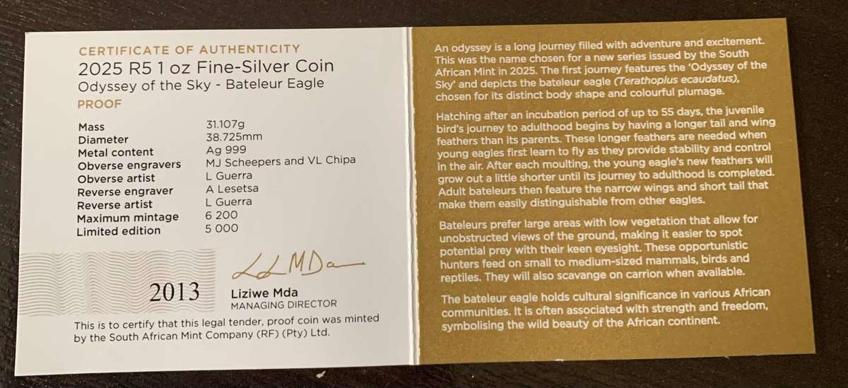 (  1oz PROOF SILVER EAGLE  )    THE SA ODYSSEY BATELEUR   VERY LIMITED   FULL HOUSE