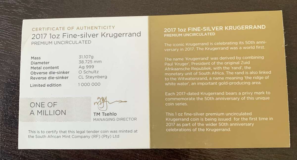 (  2017  PRIVY MARK  )   TOP MINT STATE GRADE  PU69    SILVER KRUGERRAND PLUS ORIGINAL CERT.