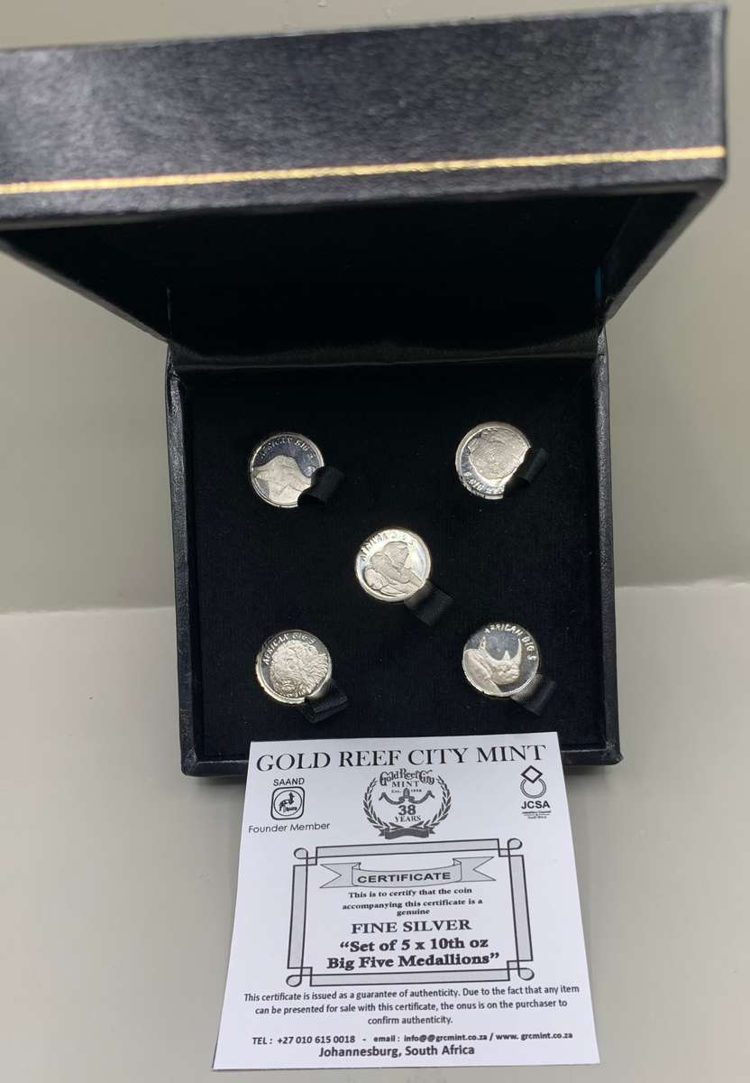 (  UNIQUE SET  )  5 X 1/10oz   AFRICAN BIG 5   PURE SILVER ROUNDS   PLUS CERTIFICATE