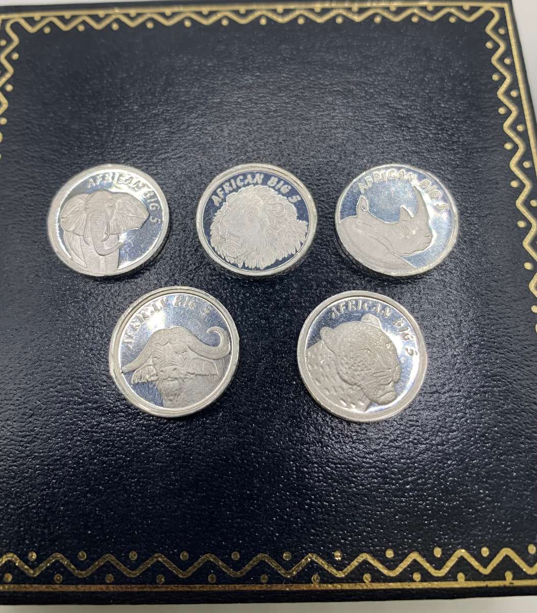 (  UNIQUE SET  )  5 X 1/10oz   AFRICAN BIG 5   PURE SILVER ROUNDS   PLUS CERTIFICATE
