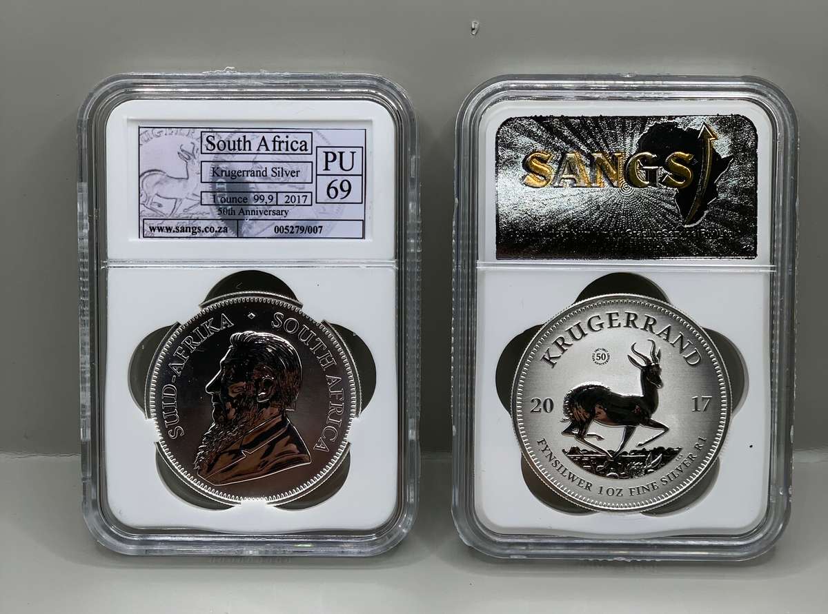 (  2017  PRIVY MARK  )   TOP MINT STATE GRADE  PU69    SILVER KRUGERRAND PLUS ORIGINAL CERT.