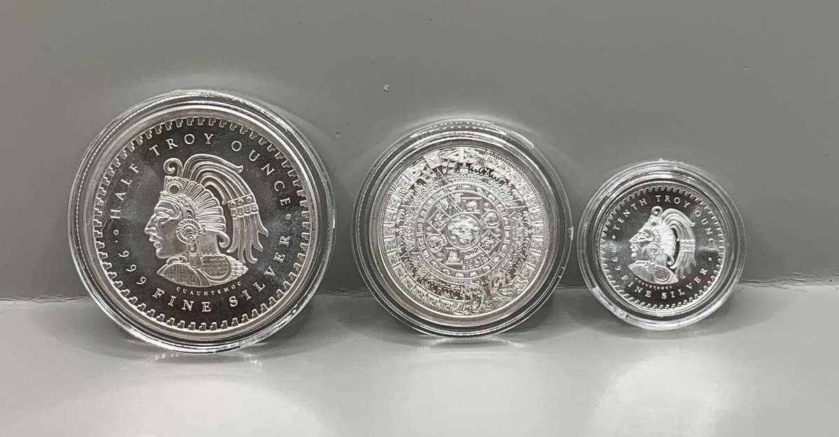 ( UNIQUE THREE COIN SET  )    AZTEC MEXICAN CALENDAR    1/10oz, 1/4oz and 1/2oz   SILVER ROUNDs
