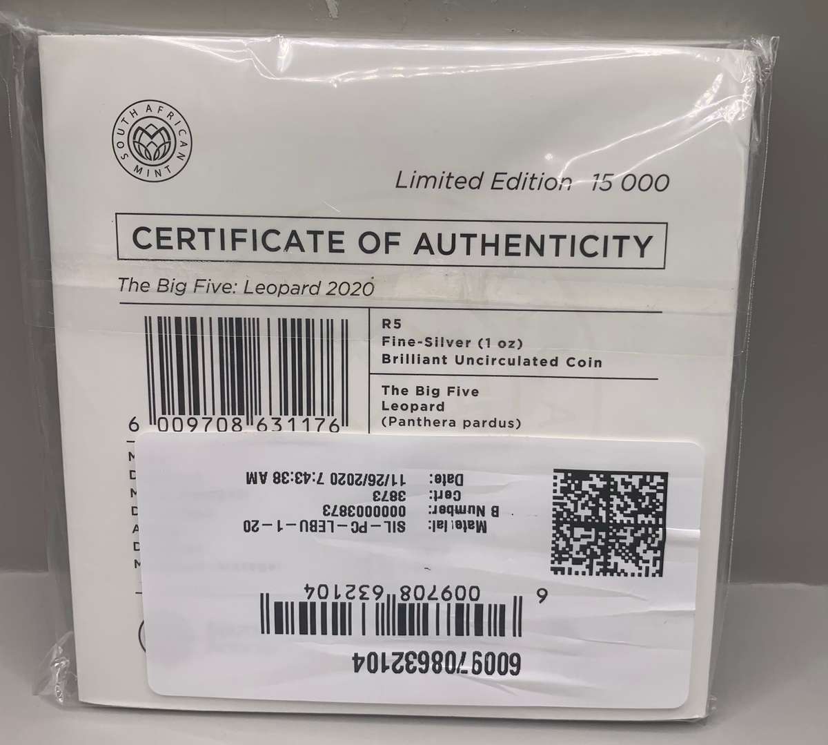 (  BRILLIANT UNC.  )   2021 BIG 5    LEOPARD  1oz   FINE SILVER    CERTIFIED