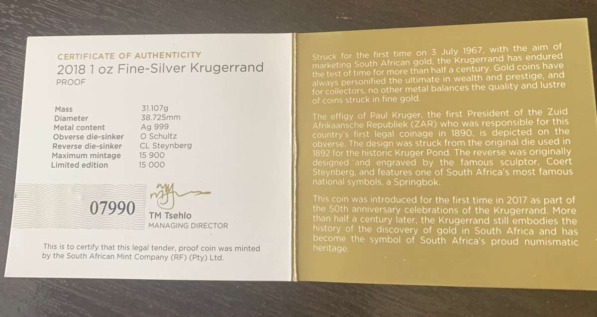 (  PRETTY SCARCE  PROOF    )    2018    1oz PURE SOLID SILVER   KRUGERRAND AND CERTIFIED