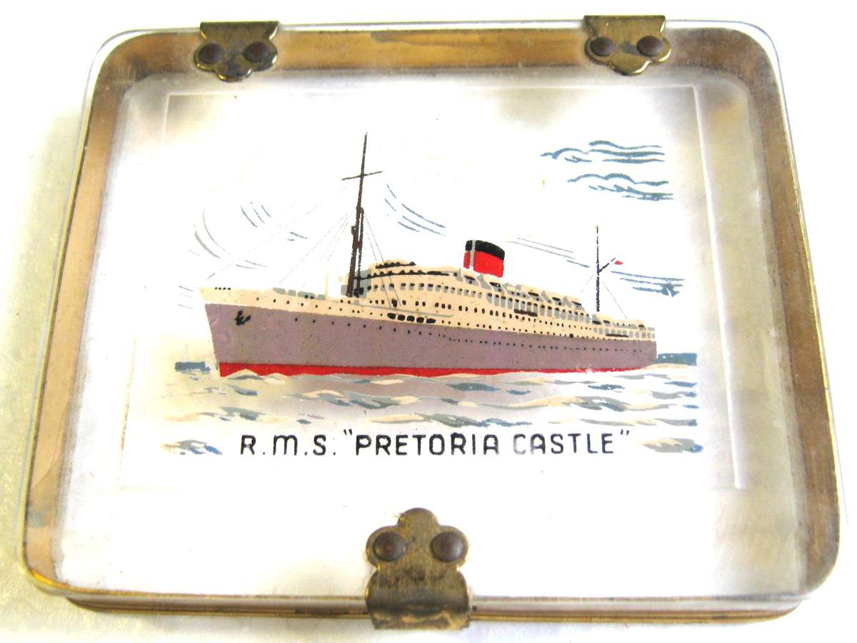 UNION CASTLE "RMS PRETORIA CASTLE" LUCITE TRINKET BOX 9.5 X 8 CM