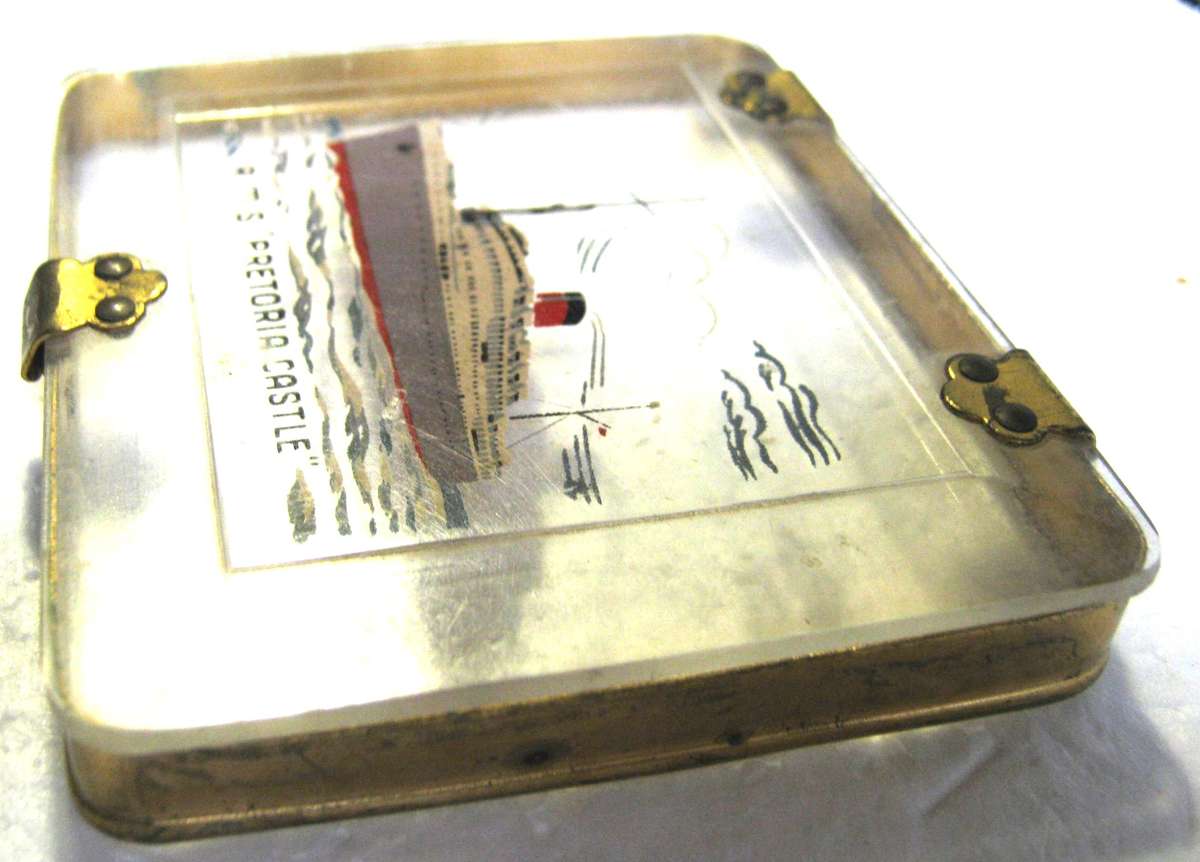 UNION CASTLE "RMS PRETORIA CASTLE" LUCITE TRINKET BOX 9.5 X 8 CM